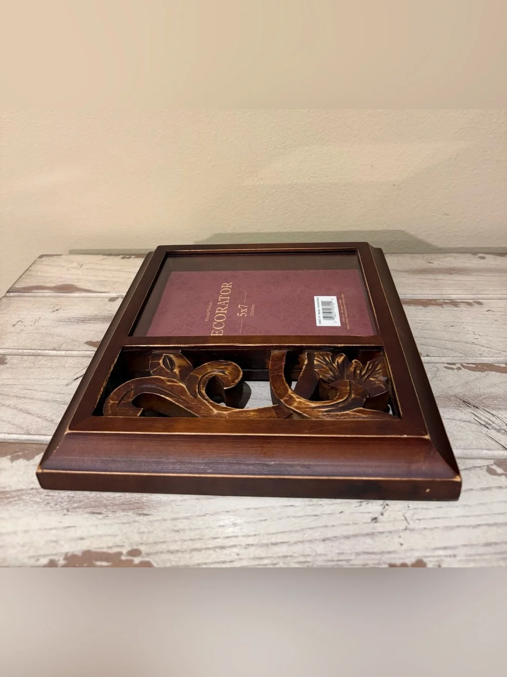 HomeTrends Marcello Distressed Walnut 5x7 Photo Frame with Carved Wood Accent